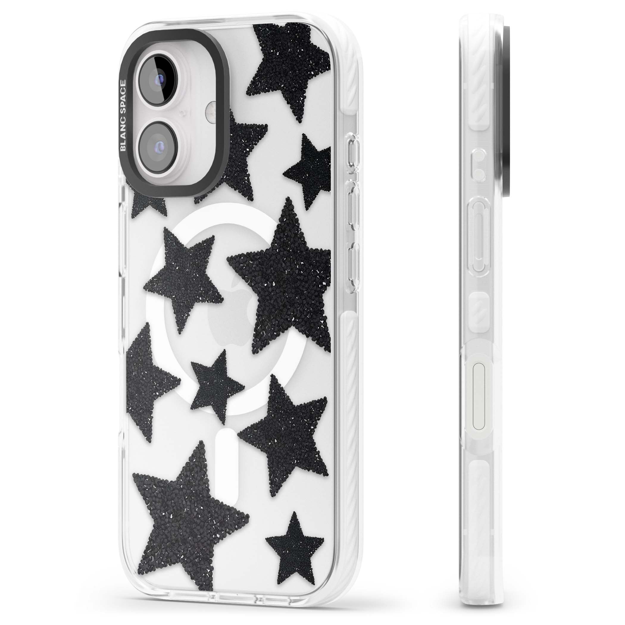 Beaded Black Stars celestial iPhone case featuring black glitter beaded stars scattered on a clear background | Impact Magsafe case for iPhone 16, iPhone 16 Plus