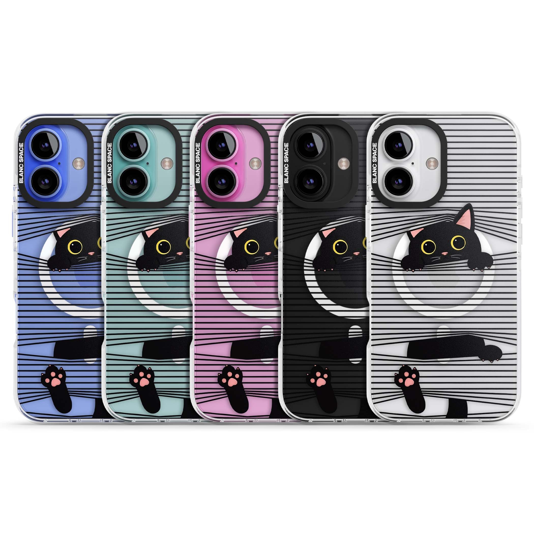 Peek-a-Boo Cat minimal iPhone case featuring black cat peeking through horizontal black and white stripes | Impact Magsafe case for iPhone 16, iPhone 16 Plus