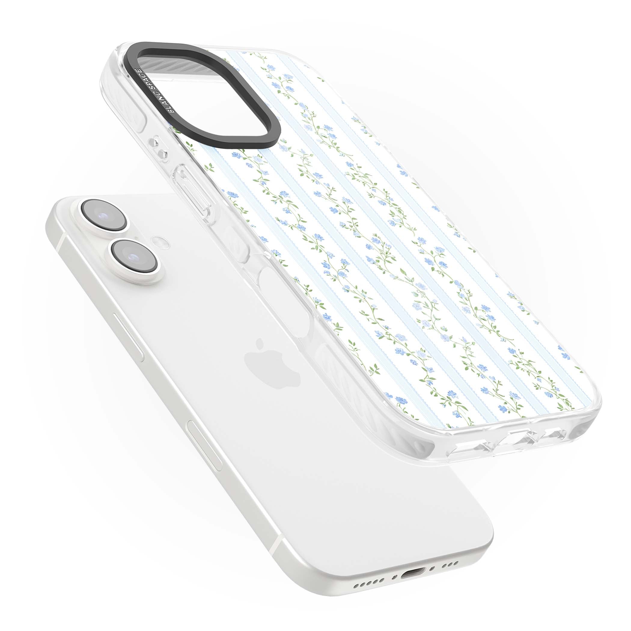 Bluebell Vine cottagecore iPhone case featuring climbing blue roses, trailing green vines, and pale ticking stripes | Impact Magsafe case for iPhone 16, iPhone 16 Plus