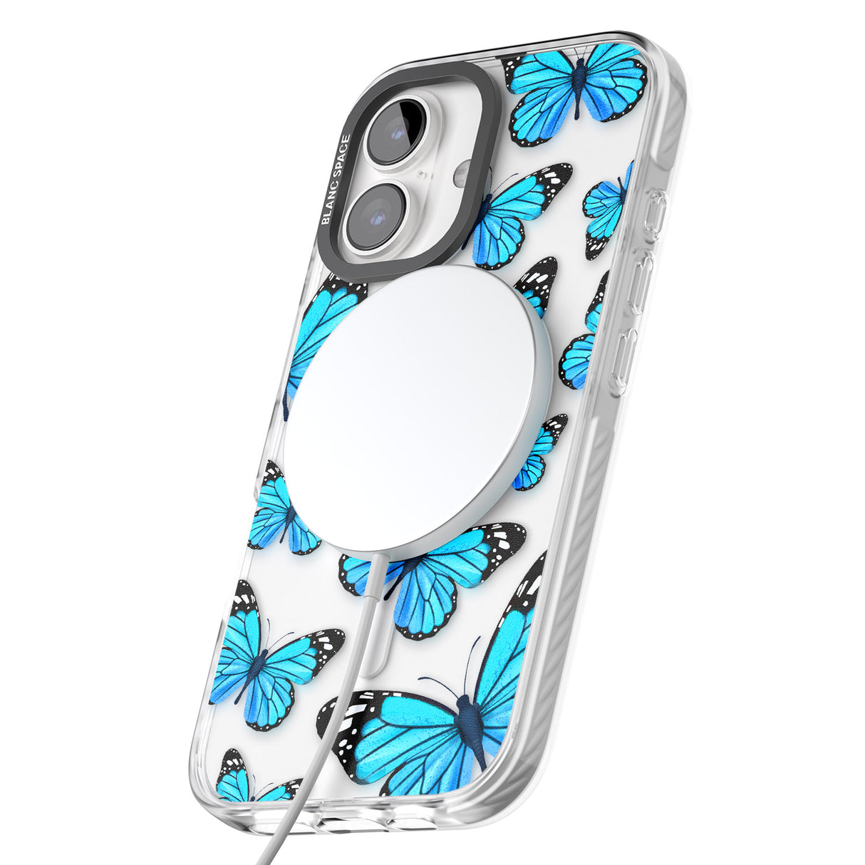 iPhone 16 Pro Max Blue Butterflies Black Impact Phone Case