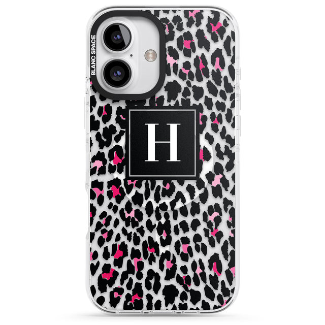 iPhone 16 Pro Max Personalised Pink Monogram Leopard Spots Black Impact Phone Case