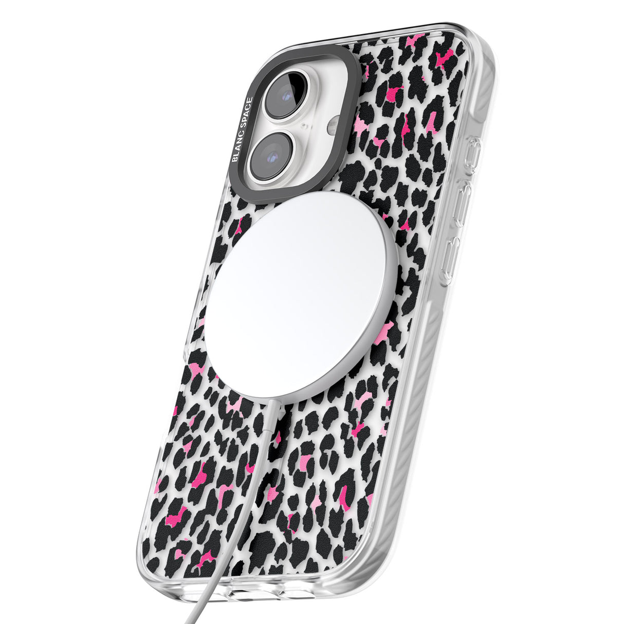 iPhone 16 Pro Max Personalised Pink Monogram Leopard Spots Black Impact Phone Case