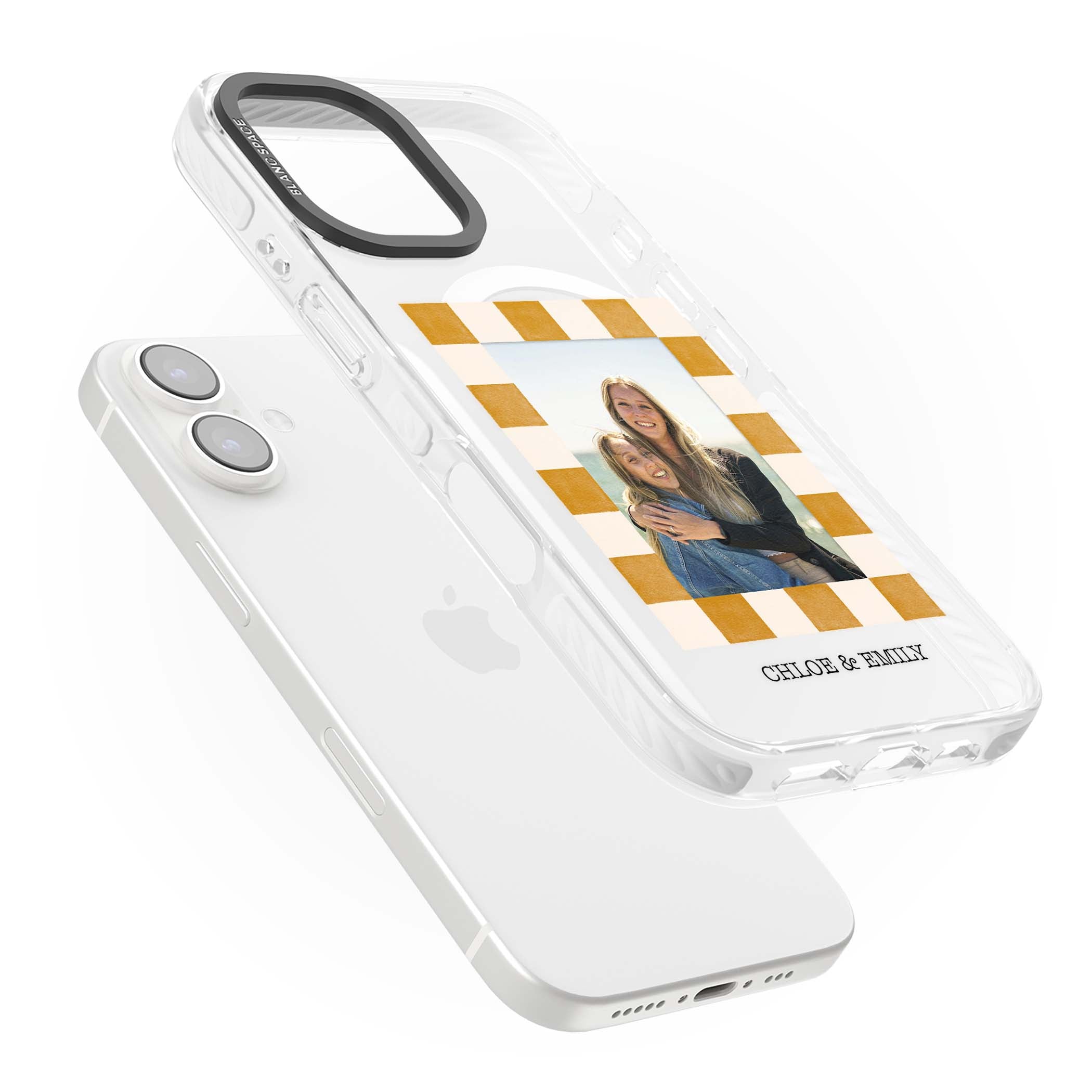 Citrus Check Photo personalised iPhone case with custom photo, orange checkered frame and names underneath | Impact Magsafe case for iPhone 16, iPhone 16 Plus
