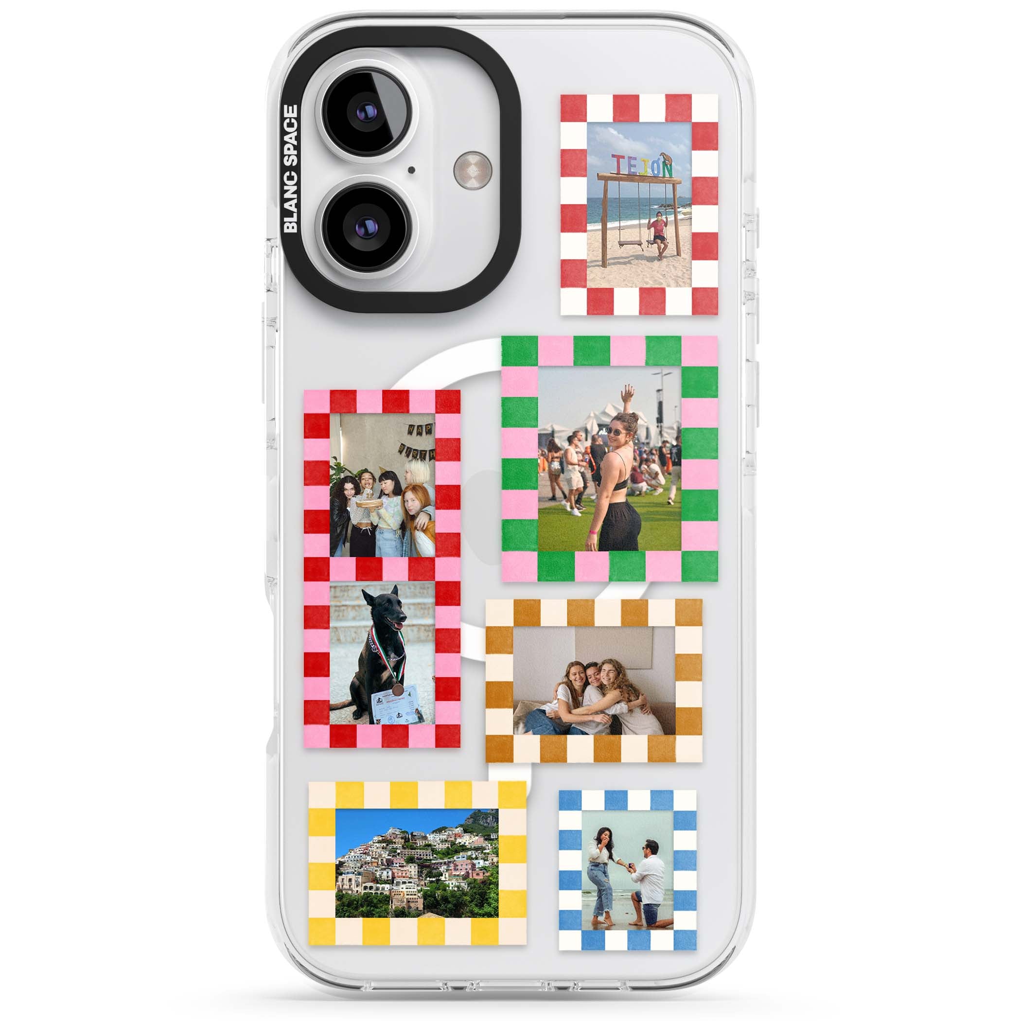Italian Check Frames custom photo collage iPhone case featuring six checkered photo frames in red, green, pink and  | Impact Magsafe case for iPhone 16, iPhone 16 Plus