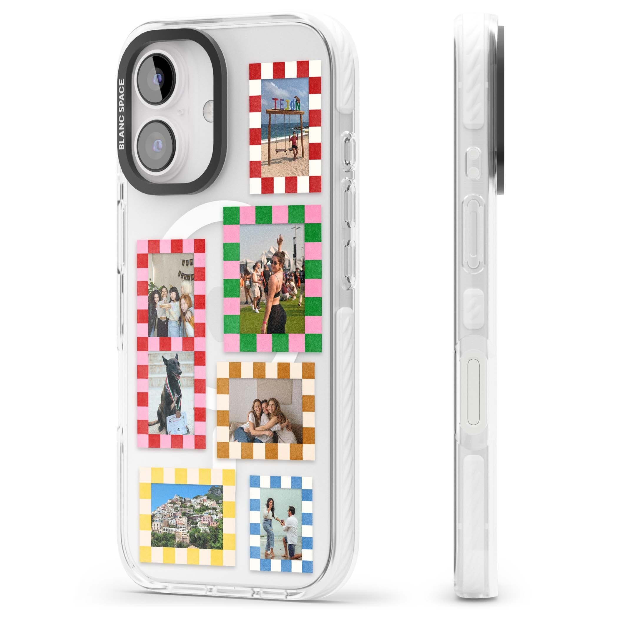 Italian Check Frames custom photo collage iPhone case featuring six checkered photo frames in red, green, pink and  | Impact Magsafe case for iPhone 16, iPhone 16 Plus