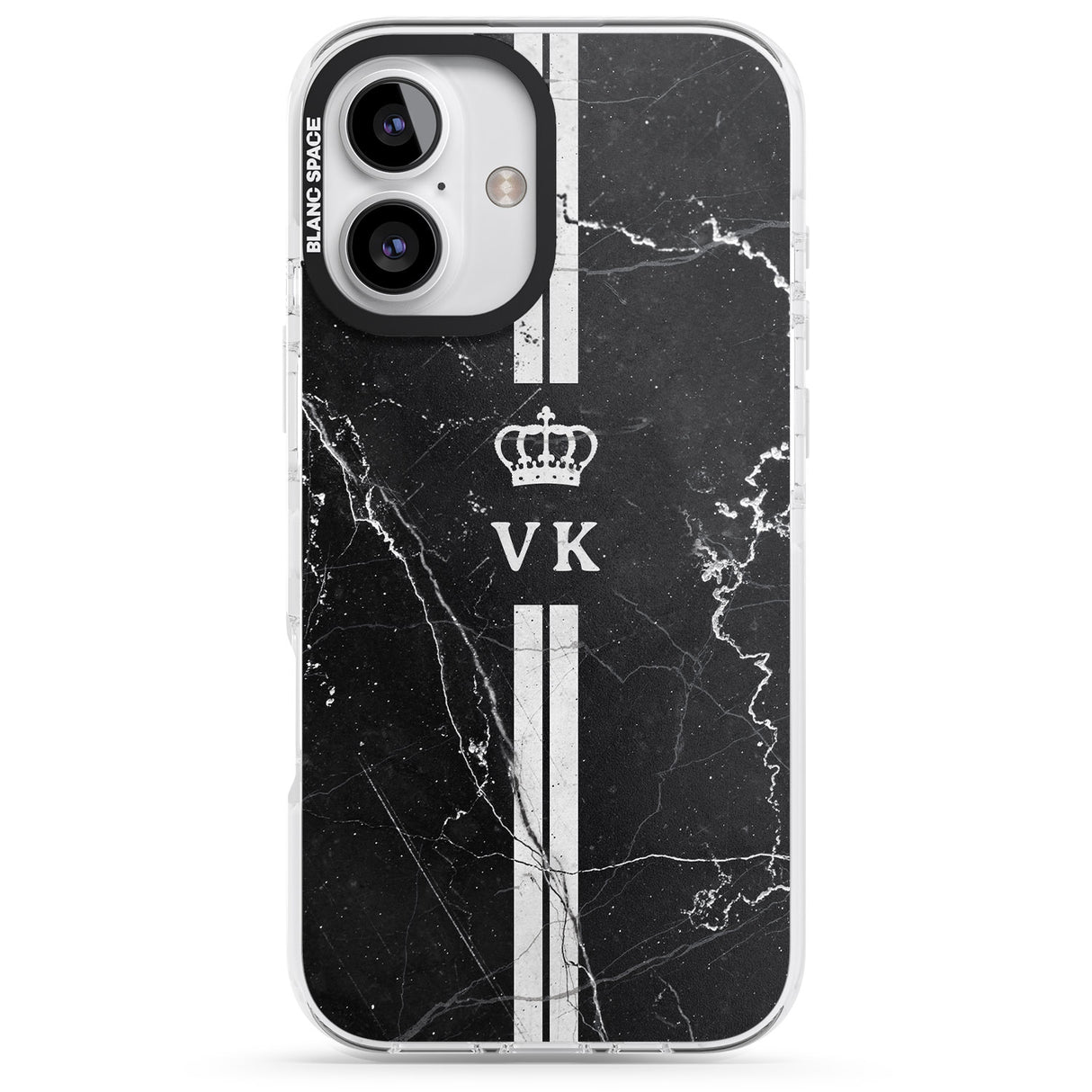 iPhone 16 Pro Max Personalised Stripes + Initials with Crown on Black Marble Black Impact Phone Case