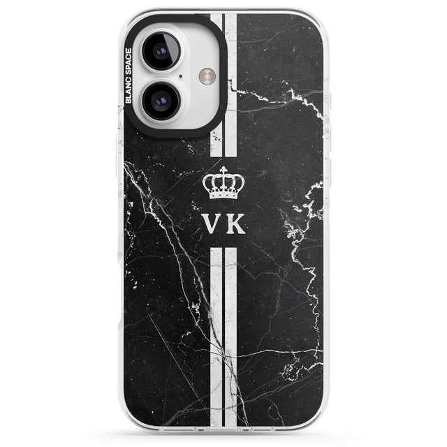 iPhone 16 Pro Max Personalised Stripes + Initials with Crown on Black Marble Black Impact Phone Case