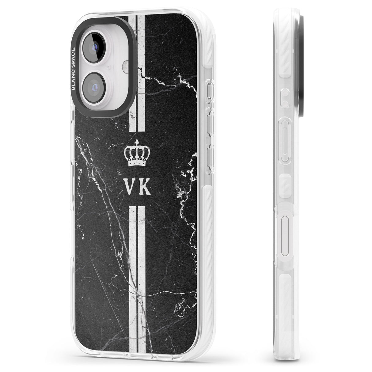 iPhone 16 Pro Max Personalised Stripes + Initials with Crown on Black Marble Black Impact Phone Case