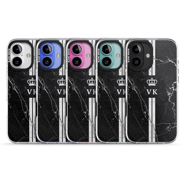 iPhone 16 Pro Max Personalised Stripes + Initials with Crown on Black Marble Black Impact Phone Case