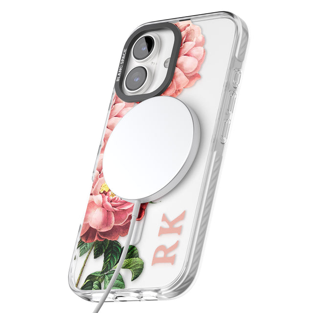 iPhone 16 Pro Max Personalised Clear Vintage Floral Pink Peonies Black Impact Phone Case