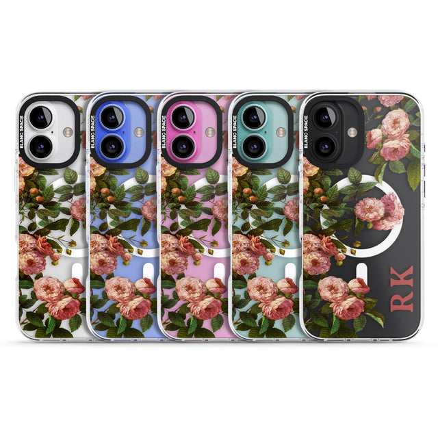 iPhone 16 Pro Max Personalised Clear Vintage Floral Pink Garden Roses Black Impact Phone Case