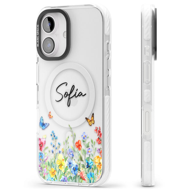 Personalised Buterflies & Wildflowers Impact Magsafe Phone Case for iPhone 16, iPhone 16 Plus