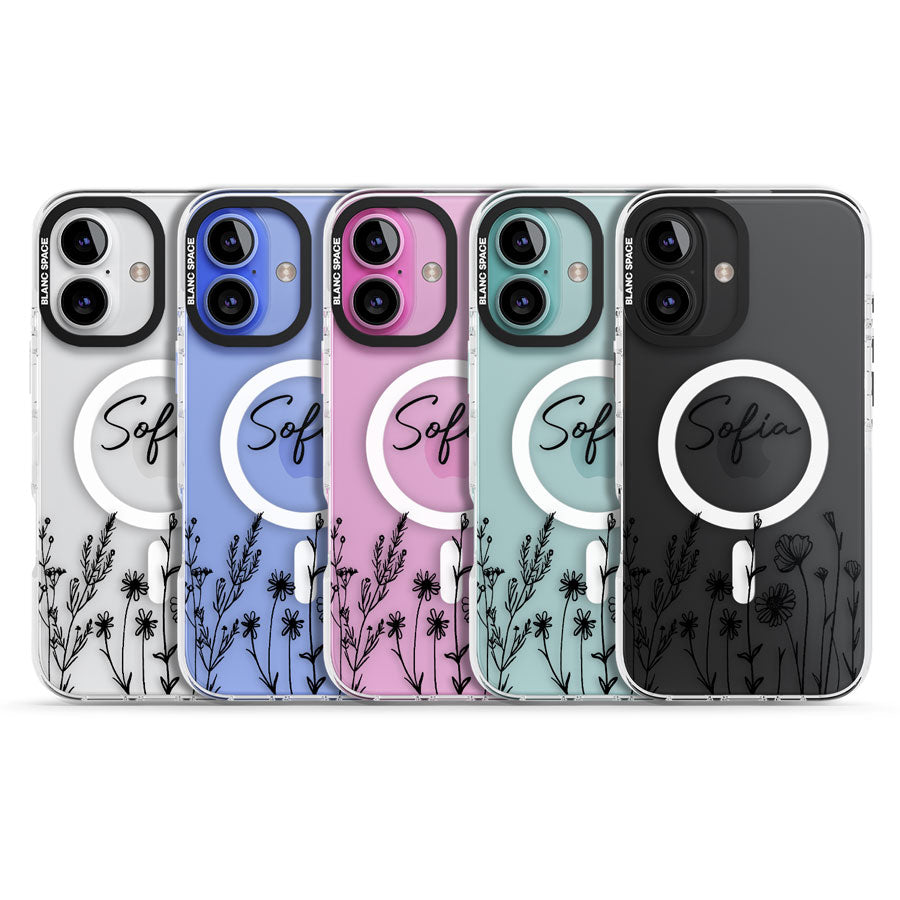 Personalised Black Wildflowers Impact Magsafe Phone Case for iPhone 16, iPhone 16 Plus