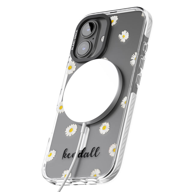 iPhone 16 Pro Max Personalised White Daisies & Cursive Black Impact Phone Case