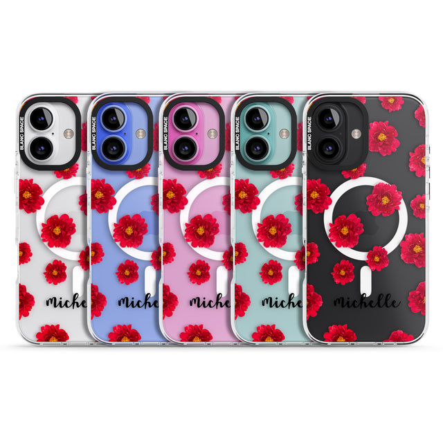 iPhone 16 Pro Max Personalised Red Peonies & Cursive Black Impact Phone Case