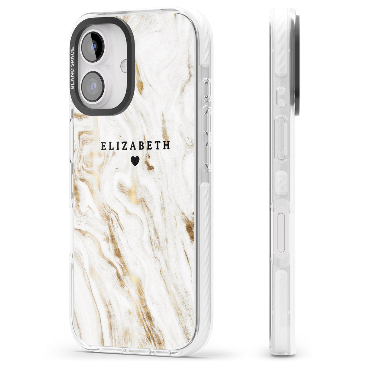 iPhone 16 Pro Max Personalised White & Gold Swirl Marble Black Impact Phone Case