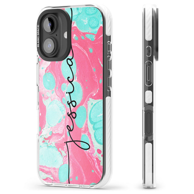 iPhone 16 Pro Max Personalised Turquoise & Pink - Marbled Black Impact Phone Case