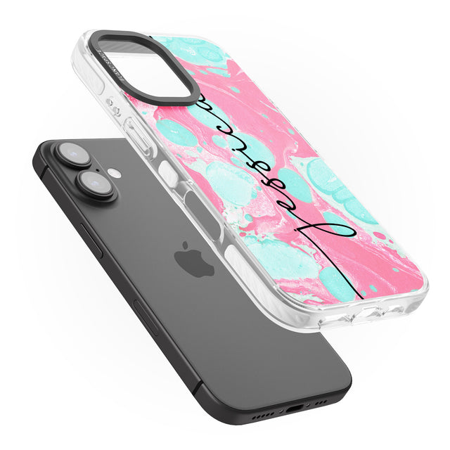 iPhone 16 Pro Max Personalised Turquoise & Pink - Marbled Black Impact Phone Case