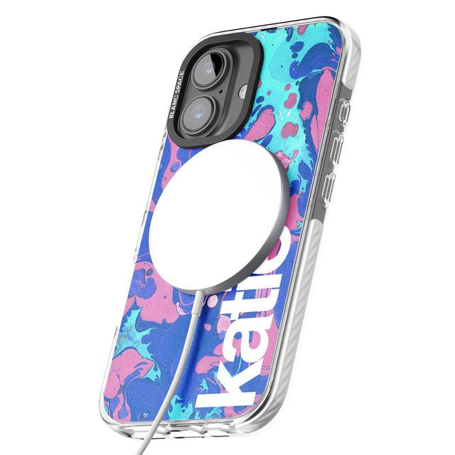 iPhone 16 Pro Max Personalised Navy, Turquoise + Purple - Marbled Black Impact Phone Case