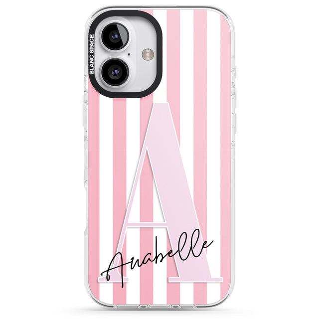 iPhone 16 Pro Max Personalised Pink Stripes & Large Monogram Black Impact Phone Case