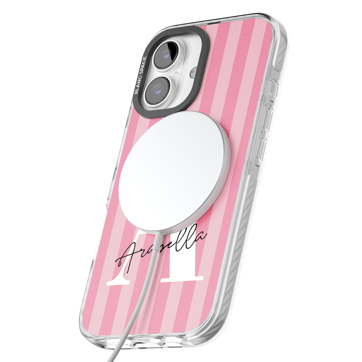 iPhone 16 Pro Max Personalised Pink on Pink Stripes Black Impact Phone Case