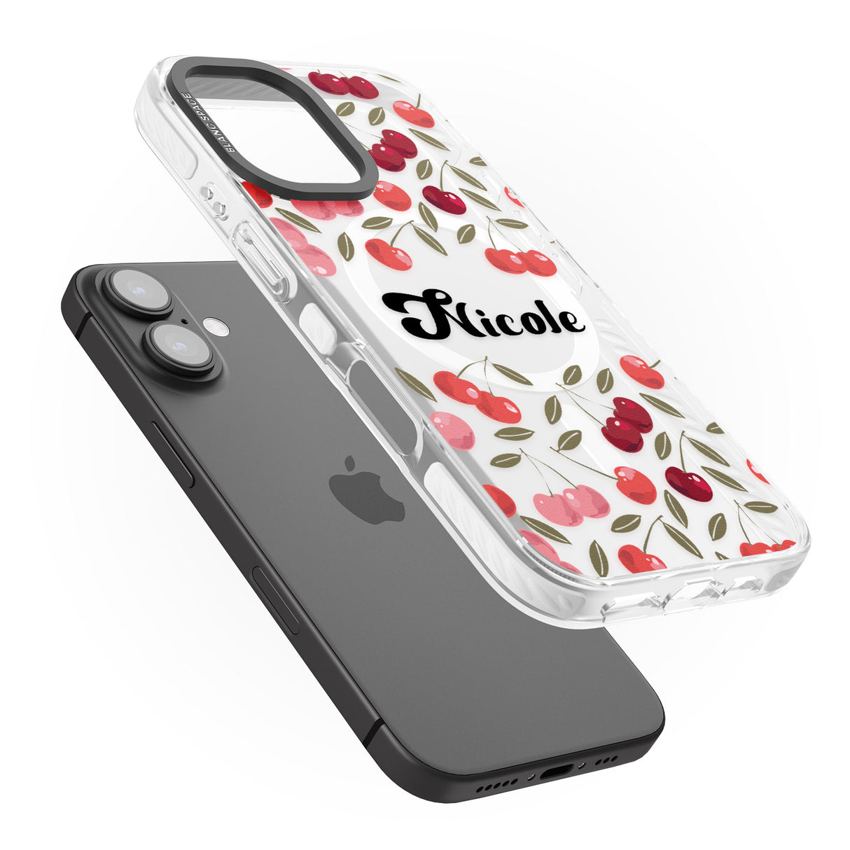 iPhone 16 Pro Max Personalised Cherry Pattern Black Impact Phone Case + Magsafe