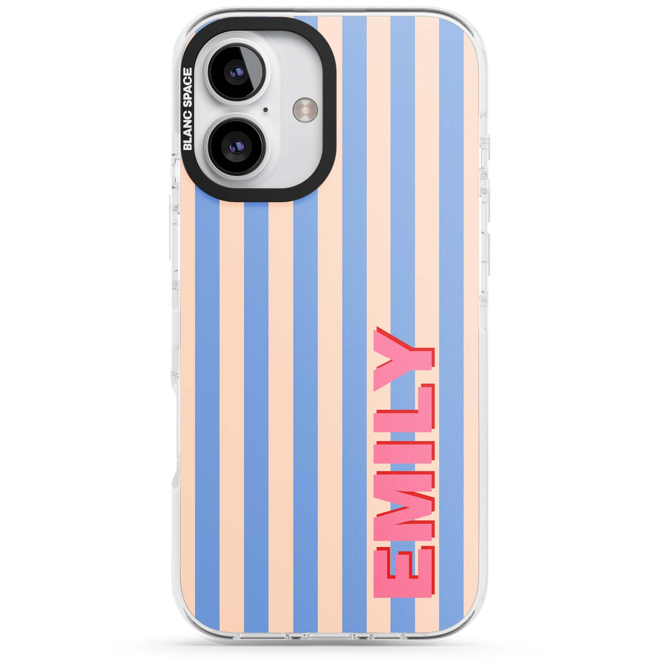 Coastal Stripe personalised coastal iPhone case with blue and peach vertical stripes and custom pink name | Impact Magsafe case for iPhone 16, iPhone 16 Plus
