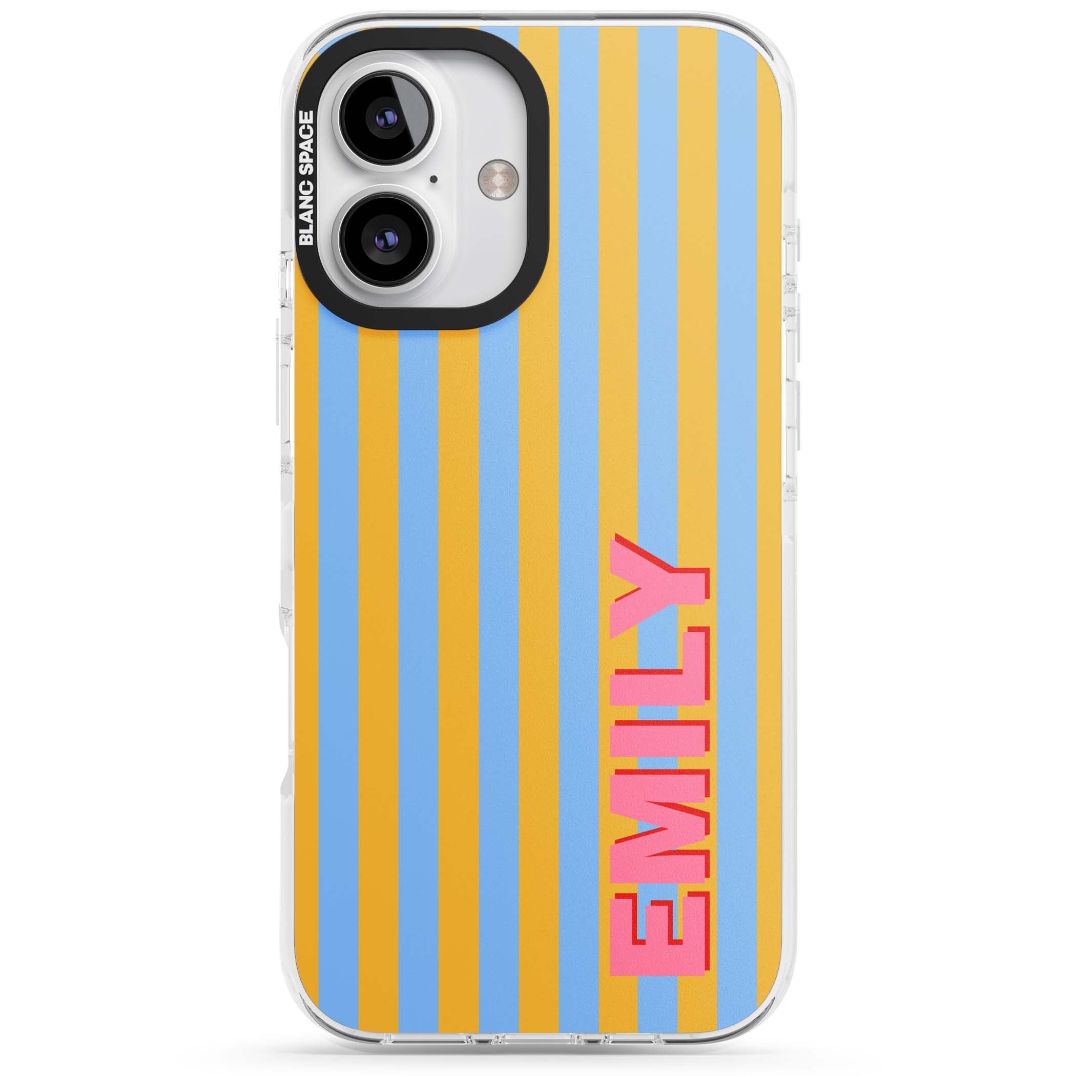 Carribean Stripe personalised coastal iPhone case with yellow and blue vertical stripes and a custom pink name | Impact Magsafe case for iPhone 16, iPhone 16 Plus