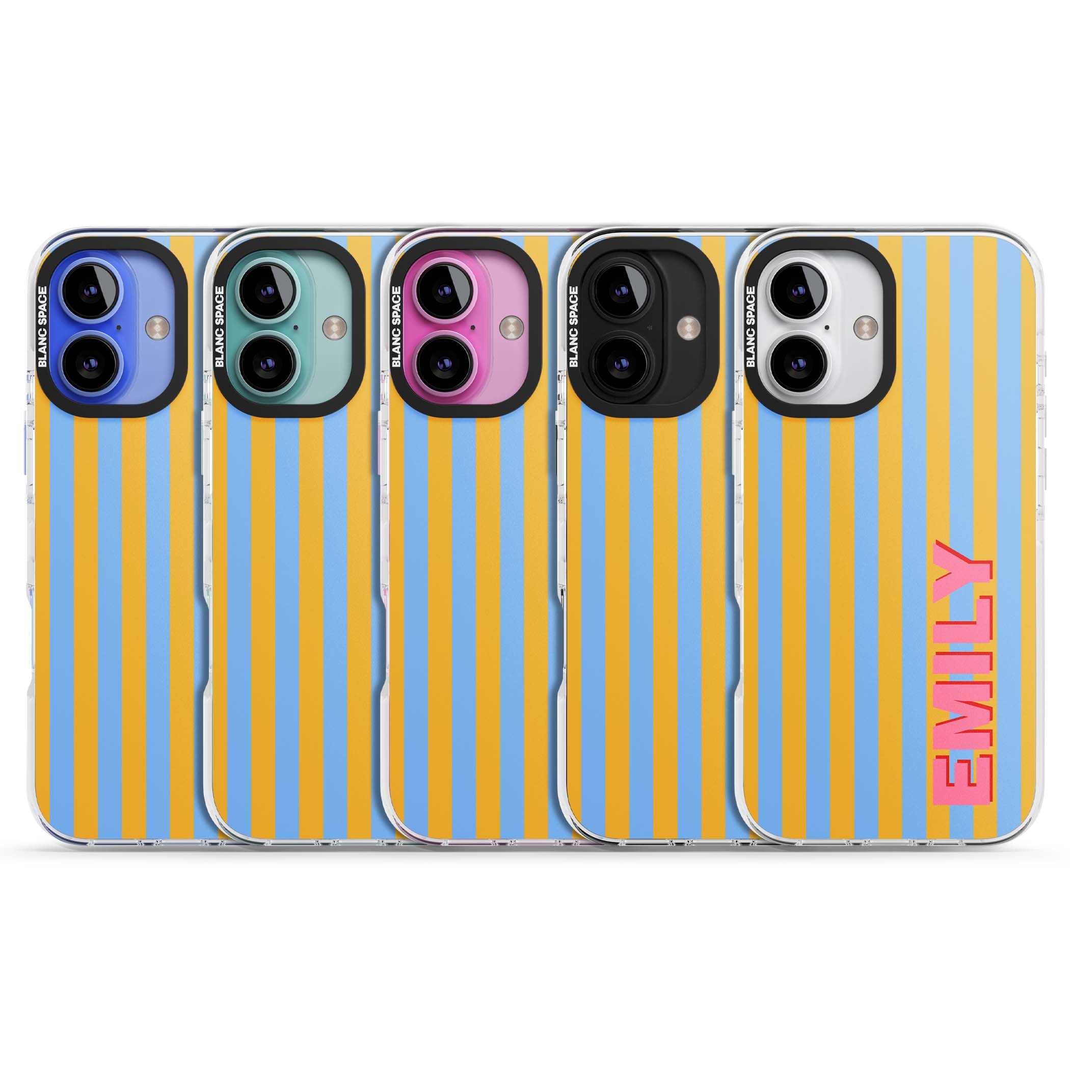 Carribean Stripe personalised coastal iPhone case with yellow and blue vertical stripes and a custom pink name | Impact Magsafe case for iPhone 16, iPhone 16 Plus