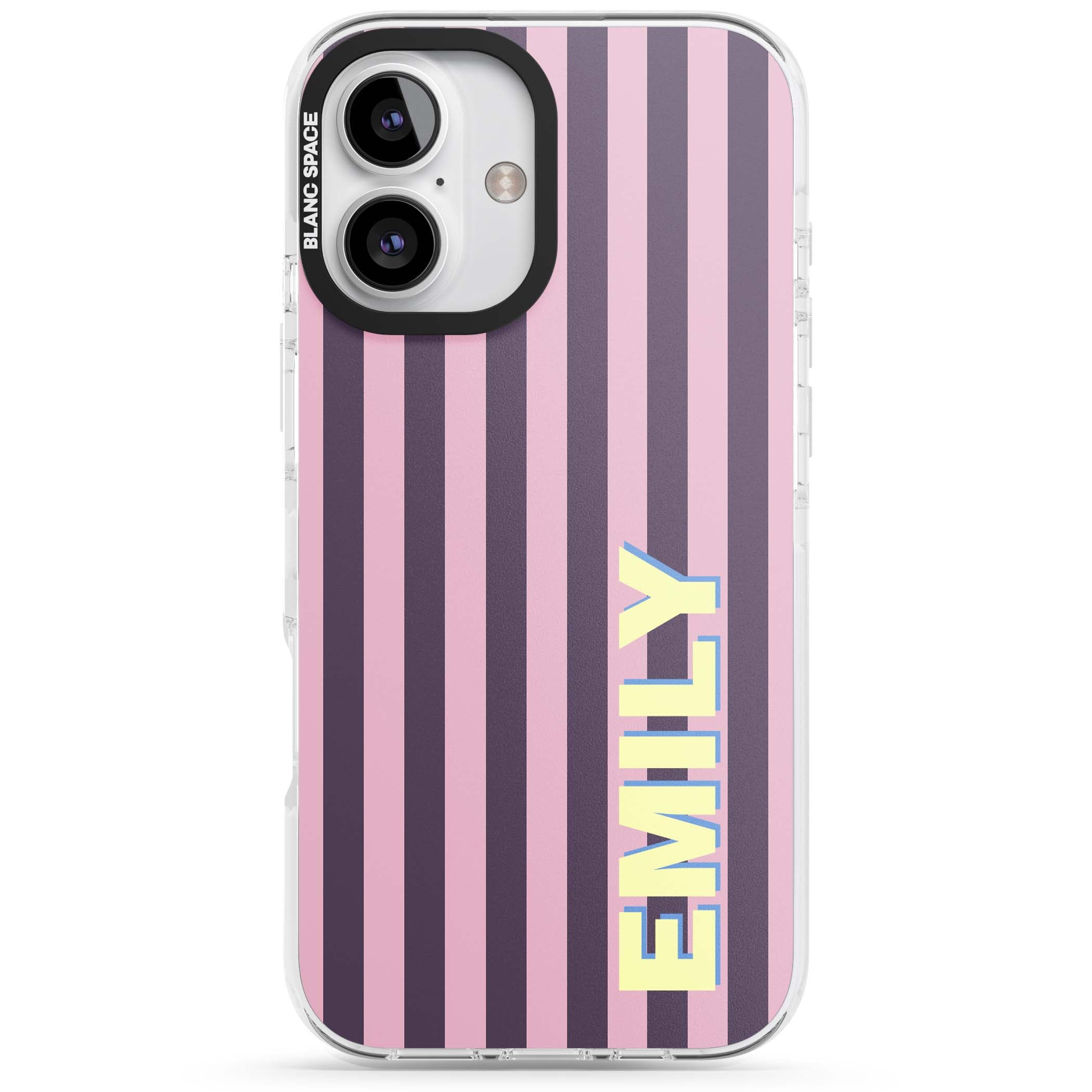 Tyre Stripe personalised stripe iPhone case with plum and pink vertical stripes and custom yellow name | Impact Magsafe case for iPhone 16, iPhone 16 Plus