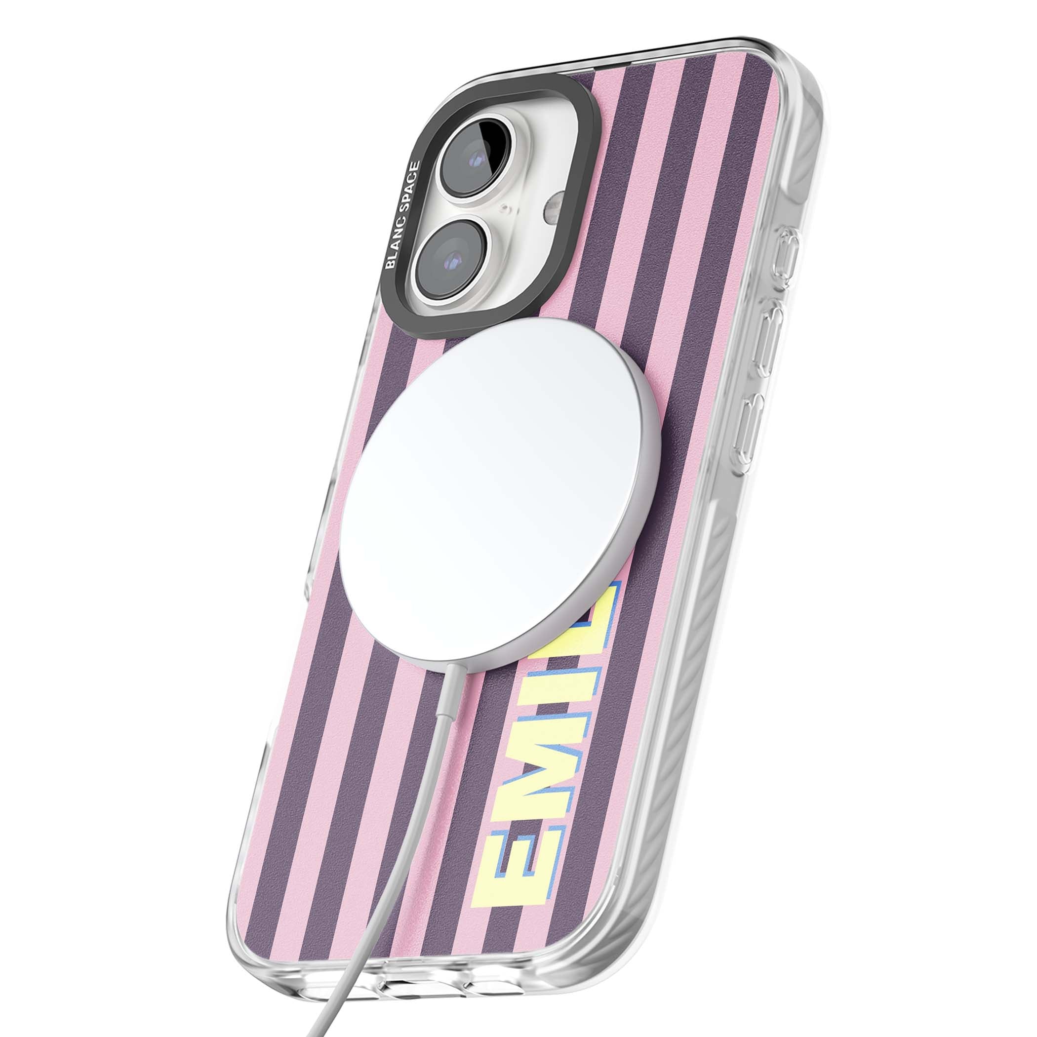 Tyre Stripe personalised stripe iPhone case with plum and pink vertical stripes and custom yellow name | Impact Magsafe case for iPhone 16, iPhone 16 Plus