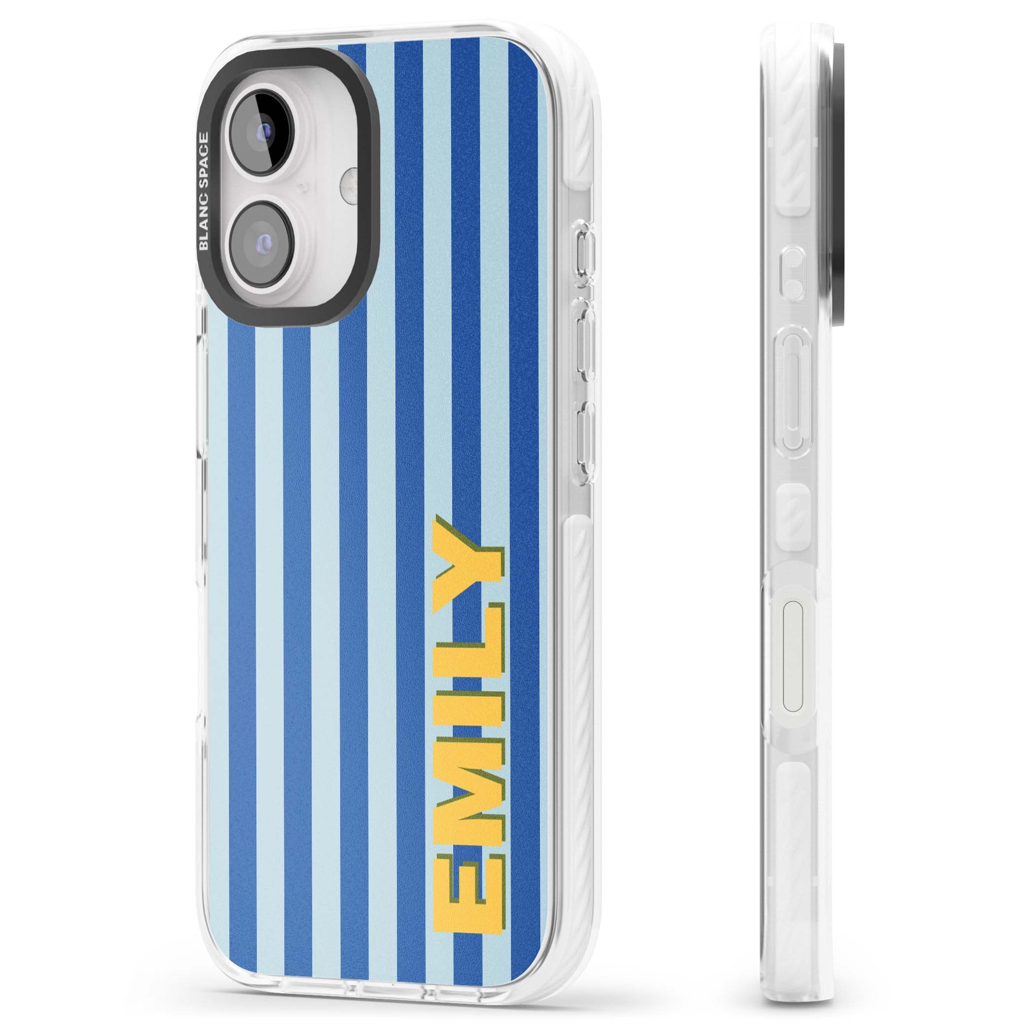 Athenian Stripe personalised preppy iPhone case featuring blue vertical stripes and a custom yellow name | Impact Magsafe case for iPhone 16, iPhone 16 Plus