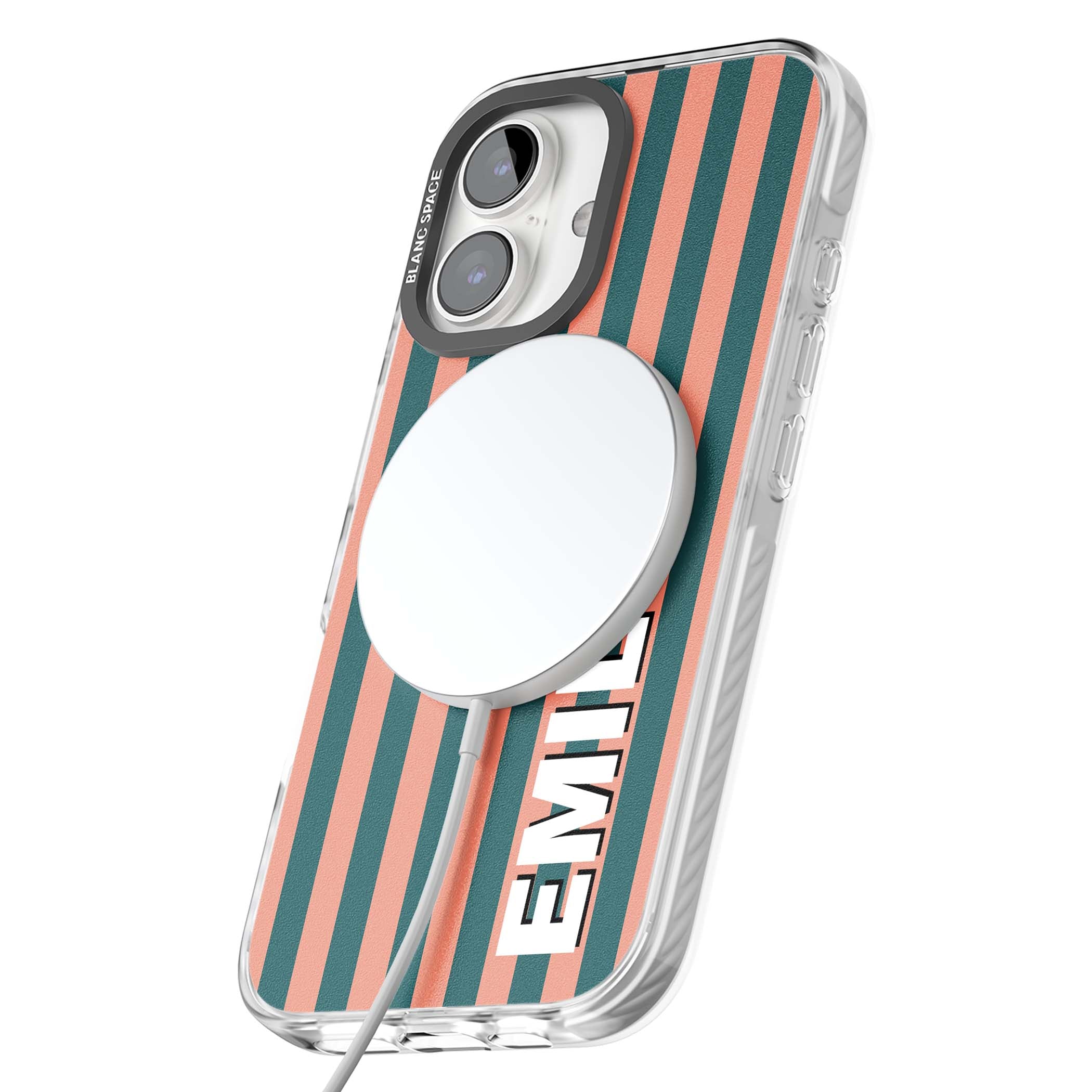 Tuscan Stripe personalised iPhone case featuring coral and green vertical stripes with bold custom name | Impact Magsafe case for iPhone 16, iPhone 16 Plus