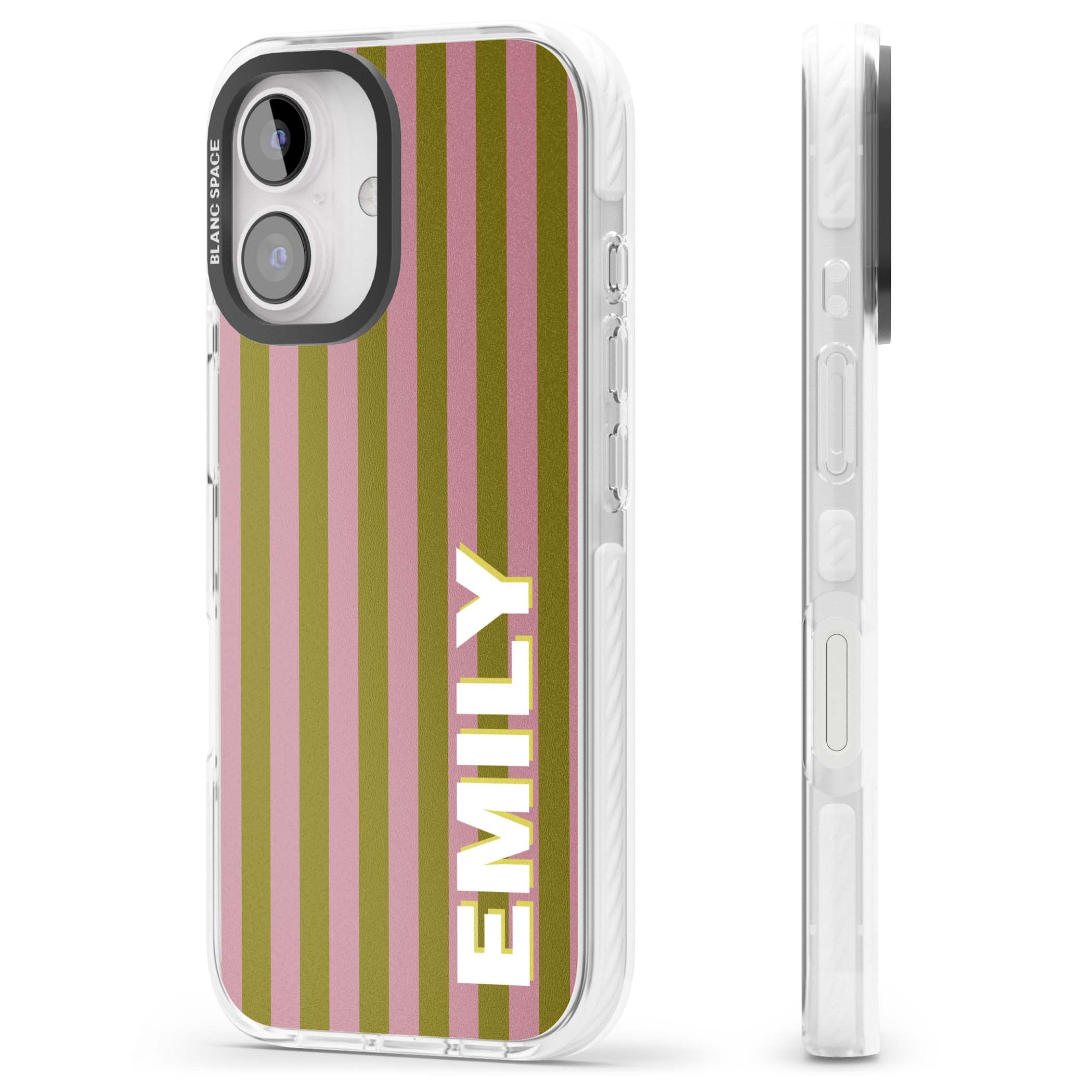 Istanbul Stripe personalised iPhone case featuring pink and olive green vertical stripes with a custom vertical name | Impact Magsafe case for iPhone 16, iPhone 16 Plus