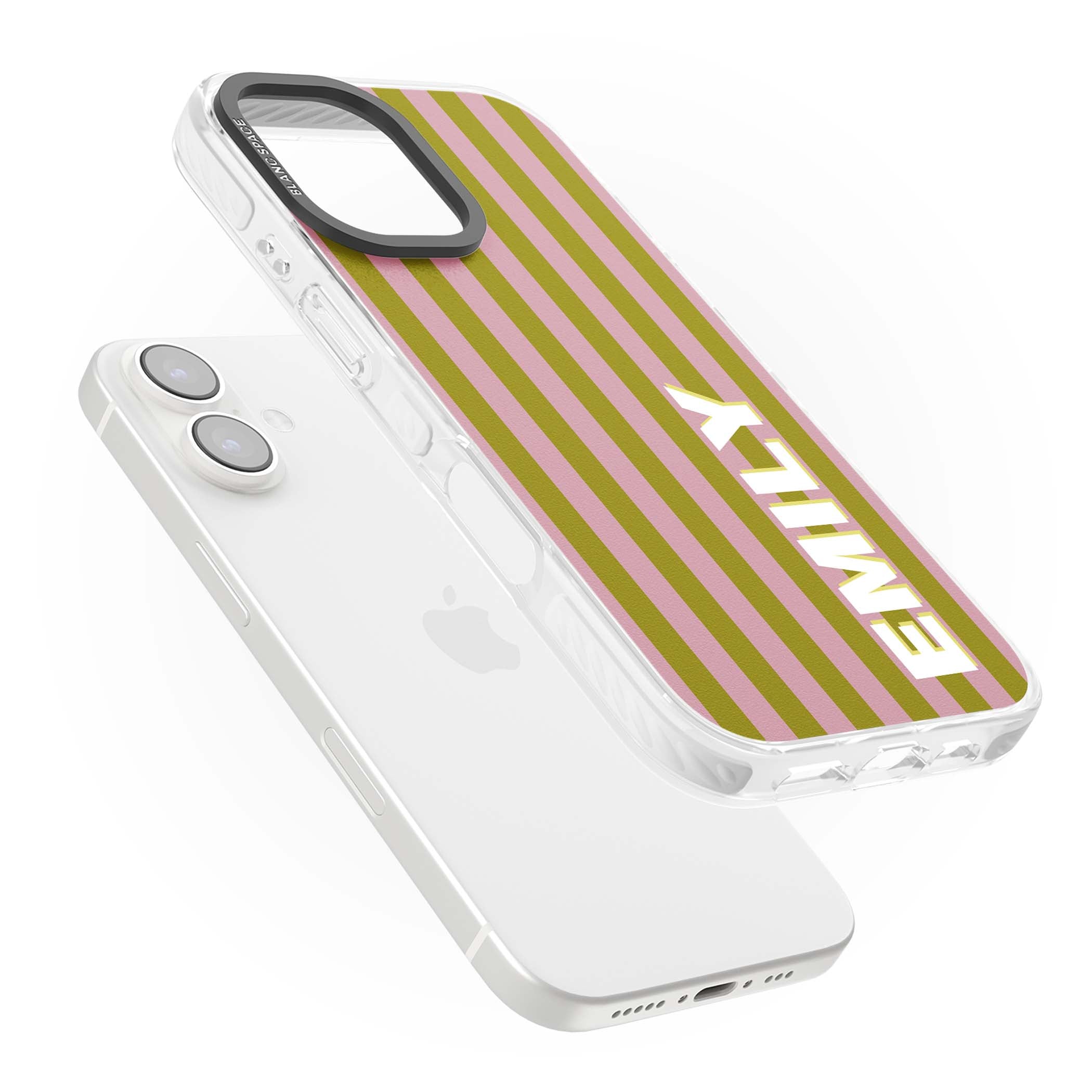 Istanbul Stripe personalised iPhone case featuring pink and olive green vertical stripes with a custom vertical name | Impact Magsafe case for iPhone 16, iPhone 16 Plus