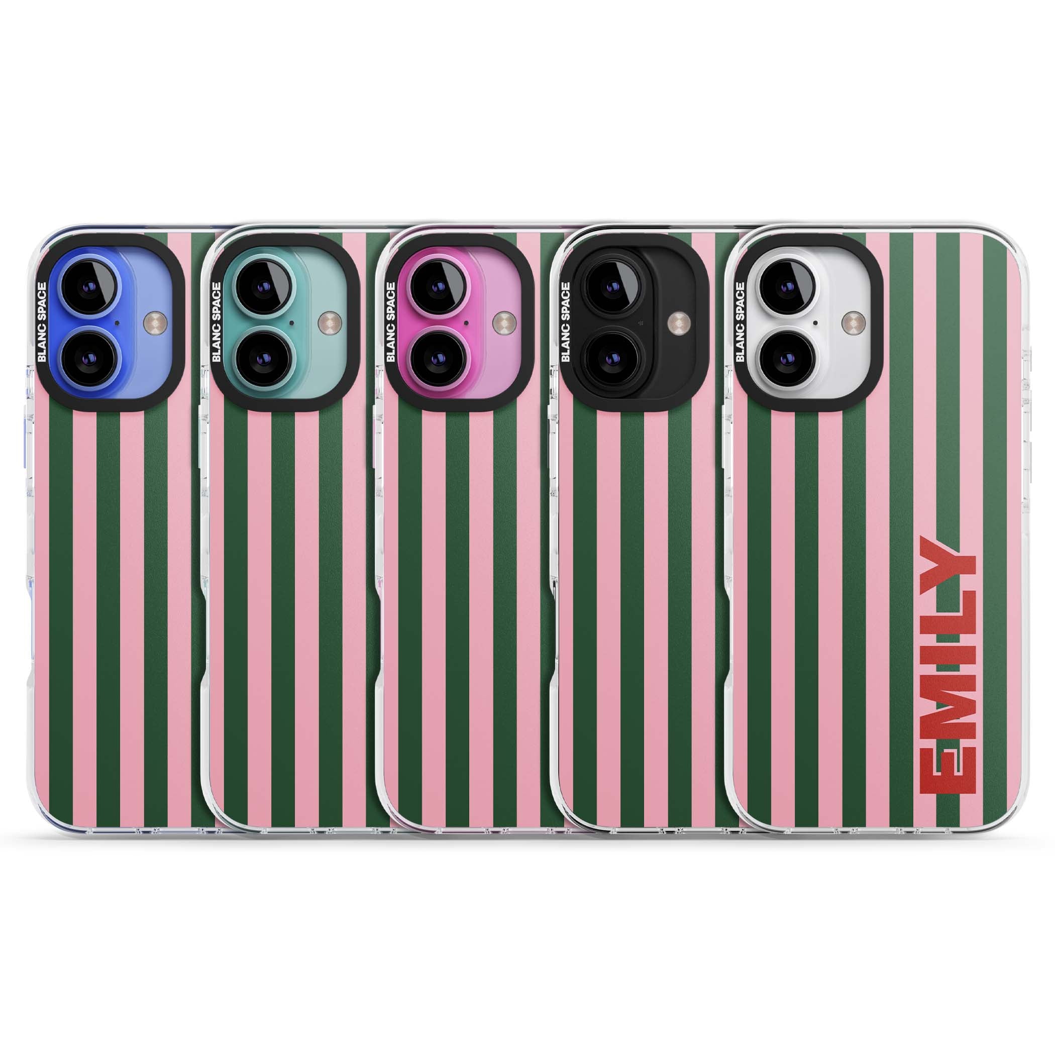 Italian Stripe preppy iPhone case featuring pink and green vertical stripes with personalised red name | Impact Magsafe case for iPhone 16, iPhone 16 Plus