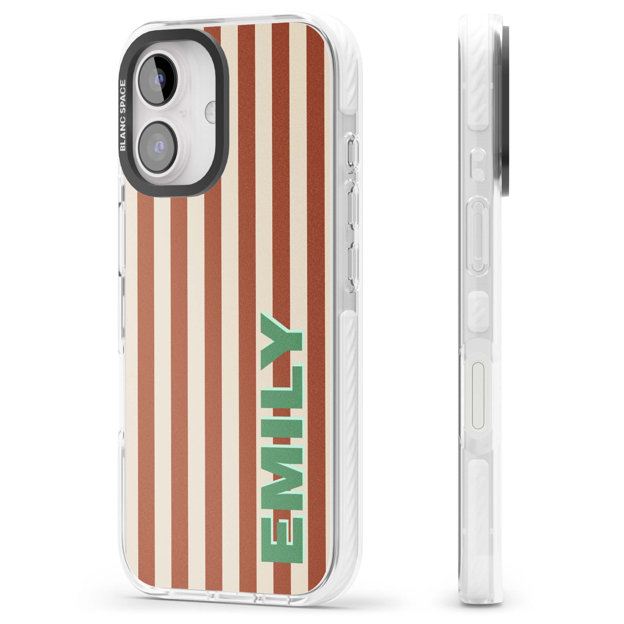 Dune Stripe personalised iPhone case with rust and cream vertical stripes and custom name in mint green | Impact Magsafe case for iPhone 16, iPhone 16 Plus