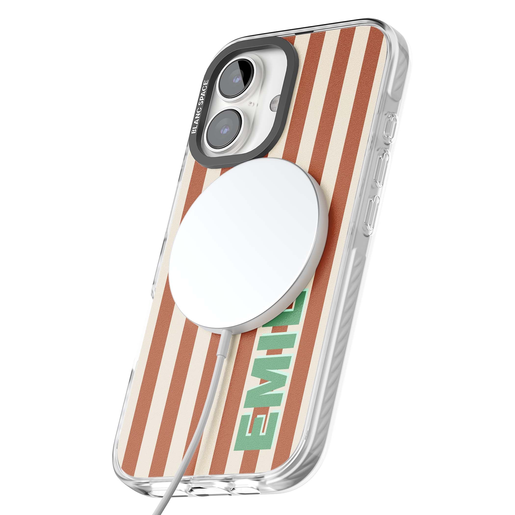 Dune Stripe personalised iPhone case with rust and cream vertical stripes and custom name in mint green | Impact Magsafe case for iPhone 16, iPhone 16 Plus