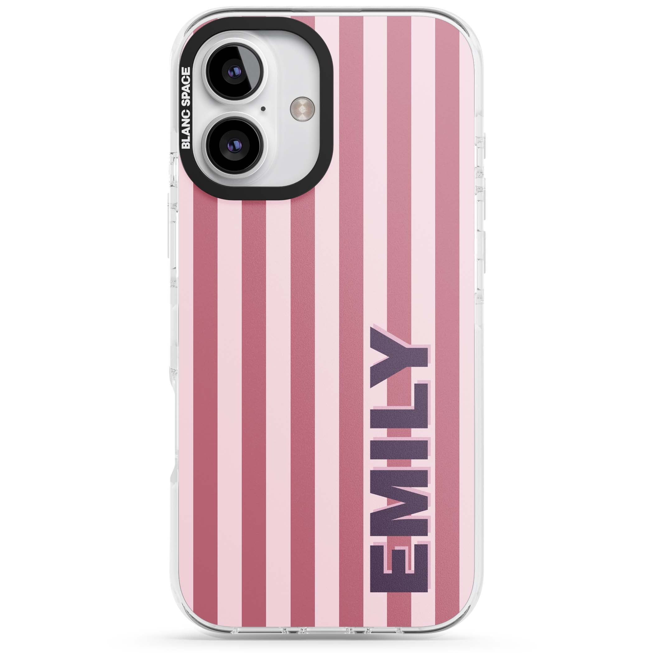 Victoria Stripe personalised iPhone case featuring pink vertical stripes and custom name in bold plum lettering | Impact Magsafe case for iPhone 16, iPhone 16 Plus