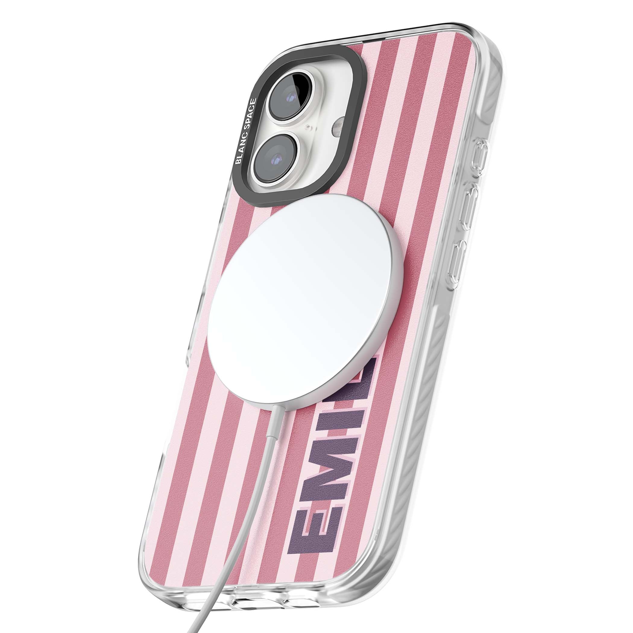 Victoria Stripe personalised iPhone case featuring pink vertical stripes and custom name in bold plum lettering | Impact Magsafe case for iPhone 16, iPhone 16 Plus