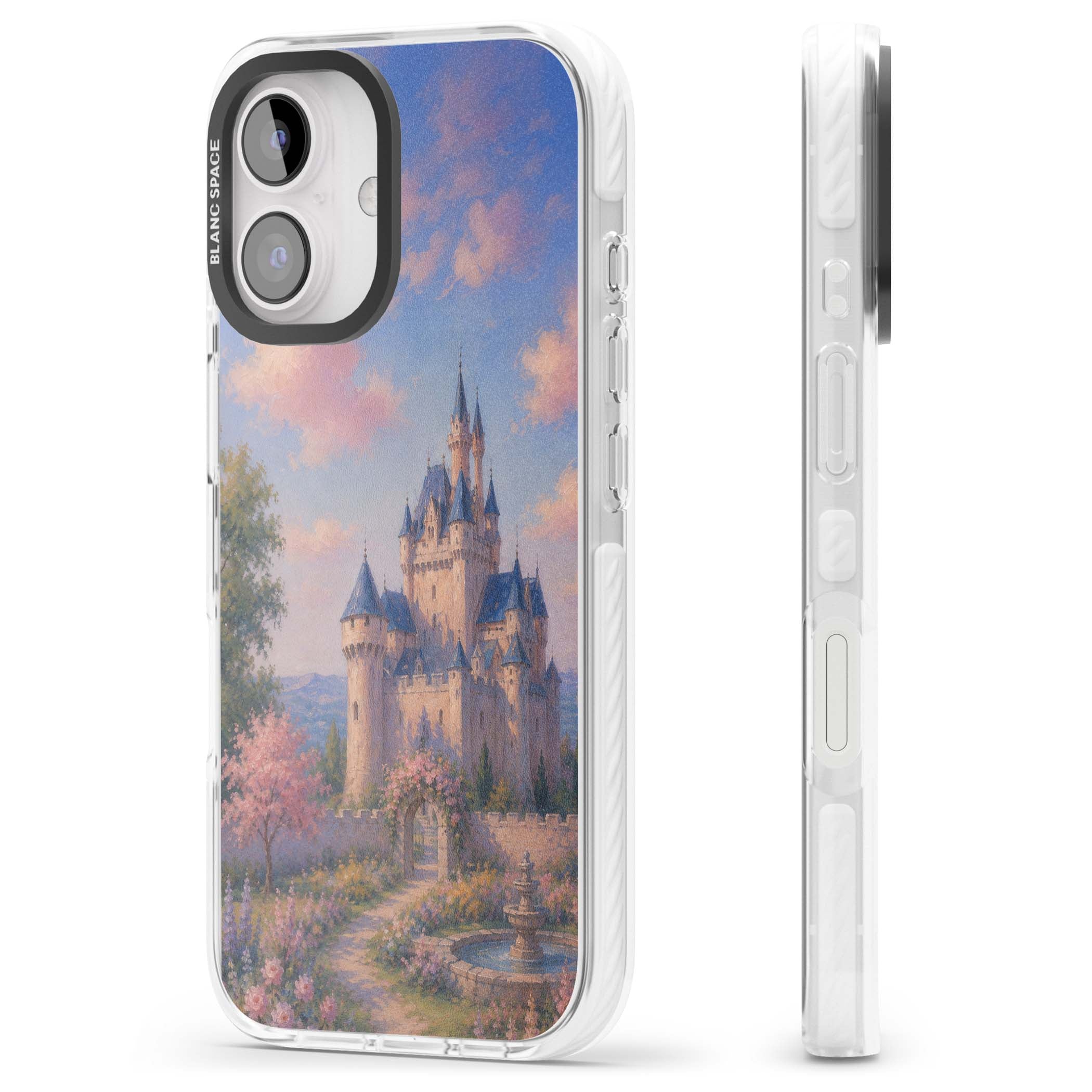 Enchanted Kingdom fairytale iPhone case featuring a romantic castle painting with cherry blossoms and pastel pink sky | Impact Magsafe case for iPhone 16, iPhone 16 Plus