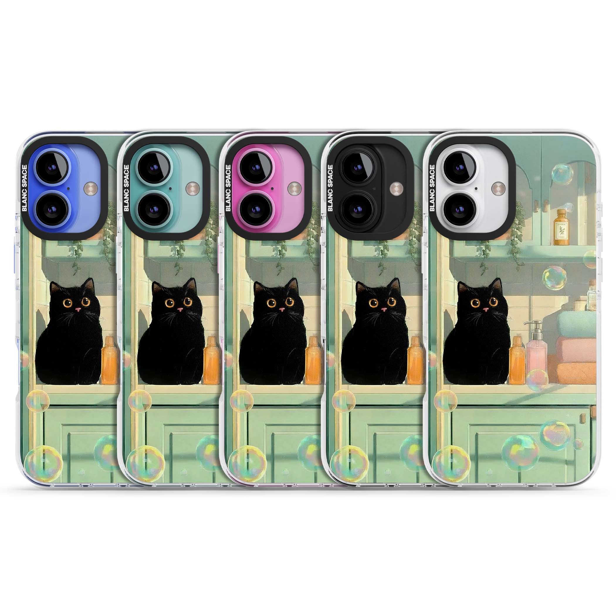 Bathroom Bubble Kitty cottagecore iPhone case featuring a black cat, mint bathroom scene and floating soap bubbles | Impact Magsafe case for iPhone 16, iPhone 16 Plus