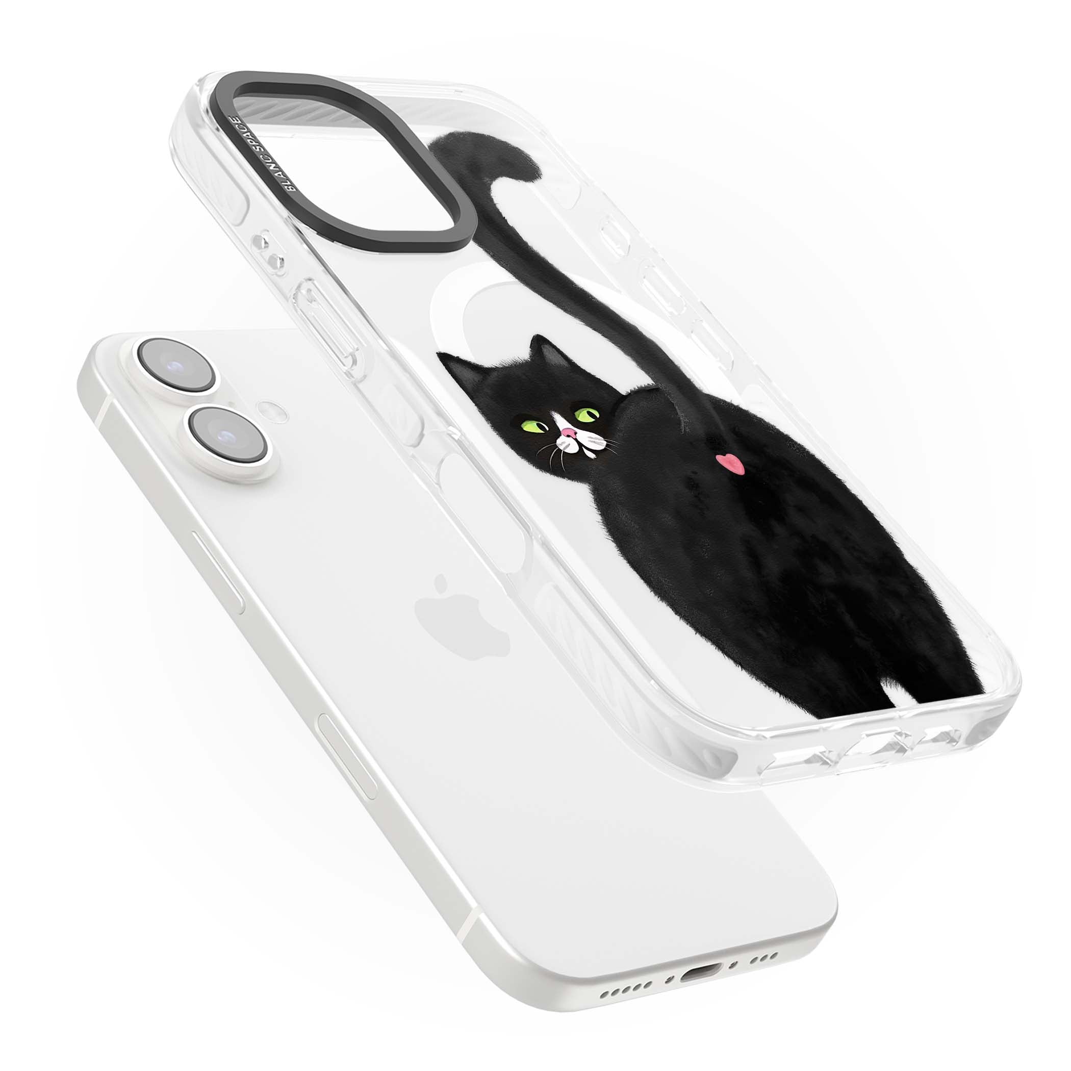 The Cat's Kiss cute cat iPhone case featuring a hand-painted tuxedo kitty with green eyes and a pink heart on a clear  | Impact Magsafe case for iPhone 16, iPhone 16 Plus
