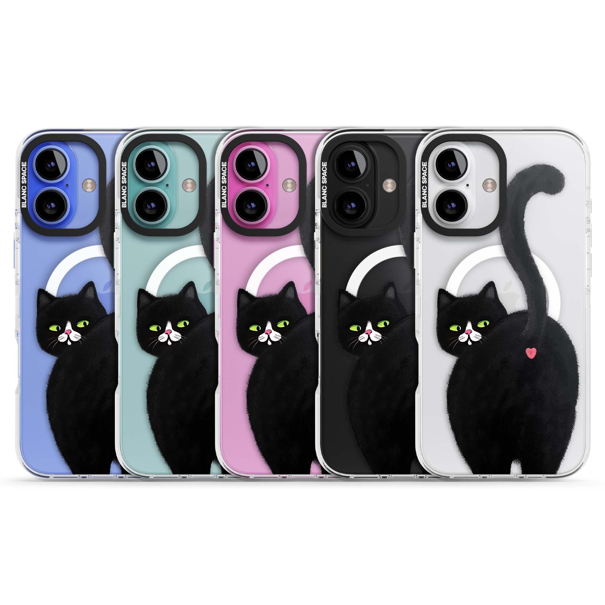 The Cat's Kiss cute cat iPhone case featuring a hand-painted tuxedo kitty with green eyes and a pink heart on a clear  | Impact Magsafe case for iPhone 16, iPhone 16 Plus