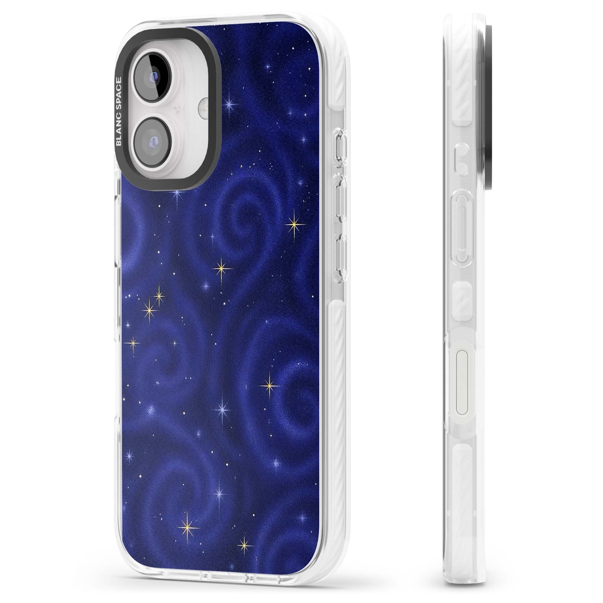Indigo Cosmos celestial iPhone case featuring swirling navy night sky and sparkling golden stars | Impact Magsafe case for iPhone 16, iPhone 16 Plus