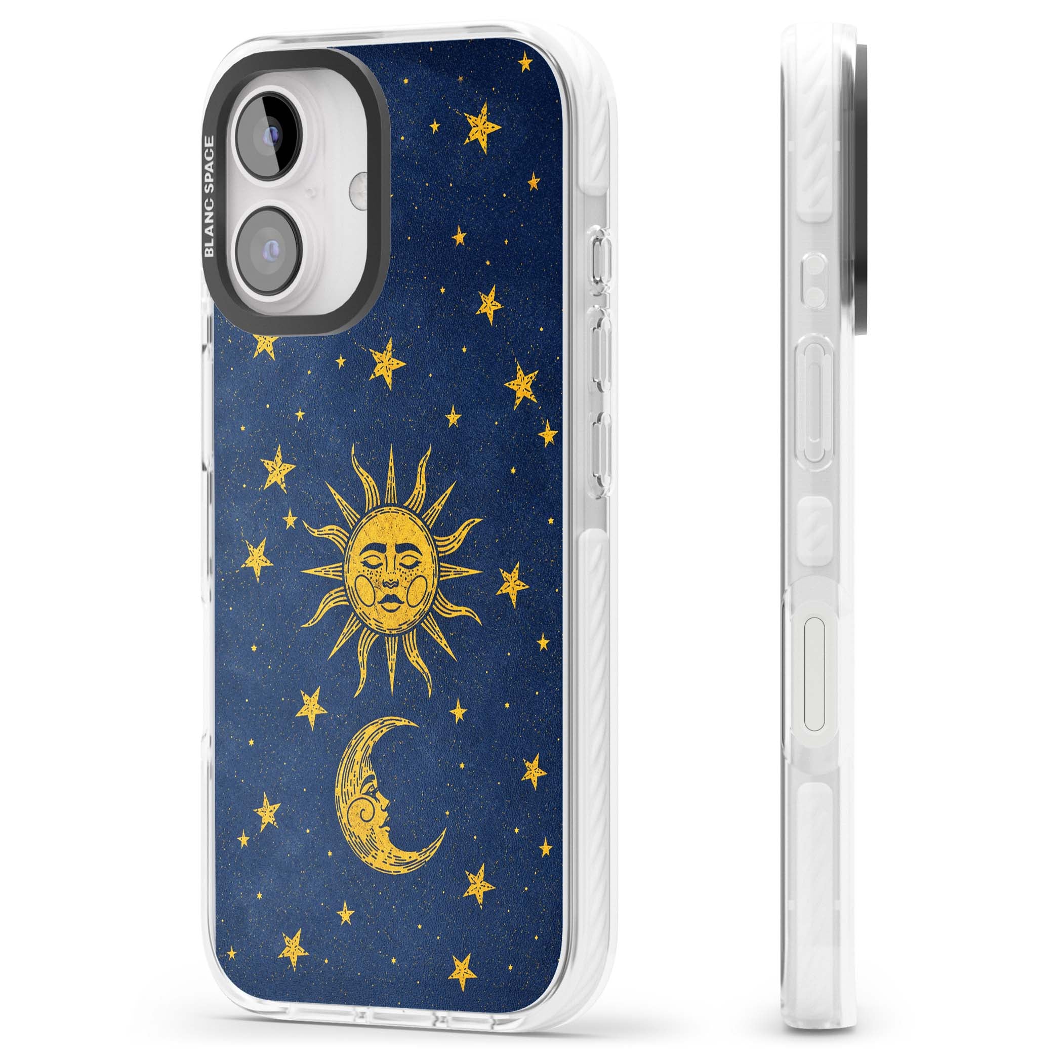 Sun & Moon Reverie celestial iPhone case featuring a vintage golden sun, crescent moon and scattered stars on midnight blue | Impact Magsafe case for iPhone 16, iPhone 16 Plus