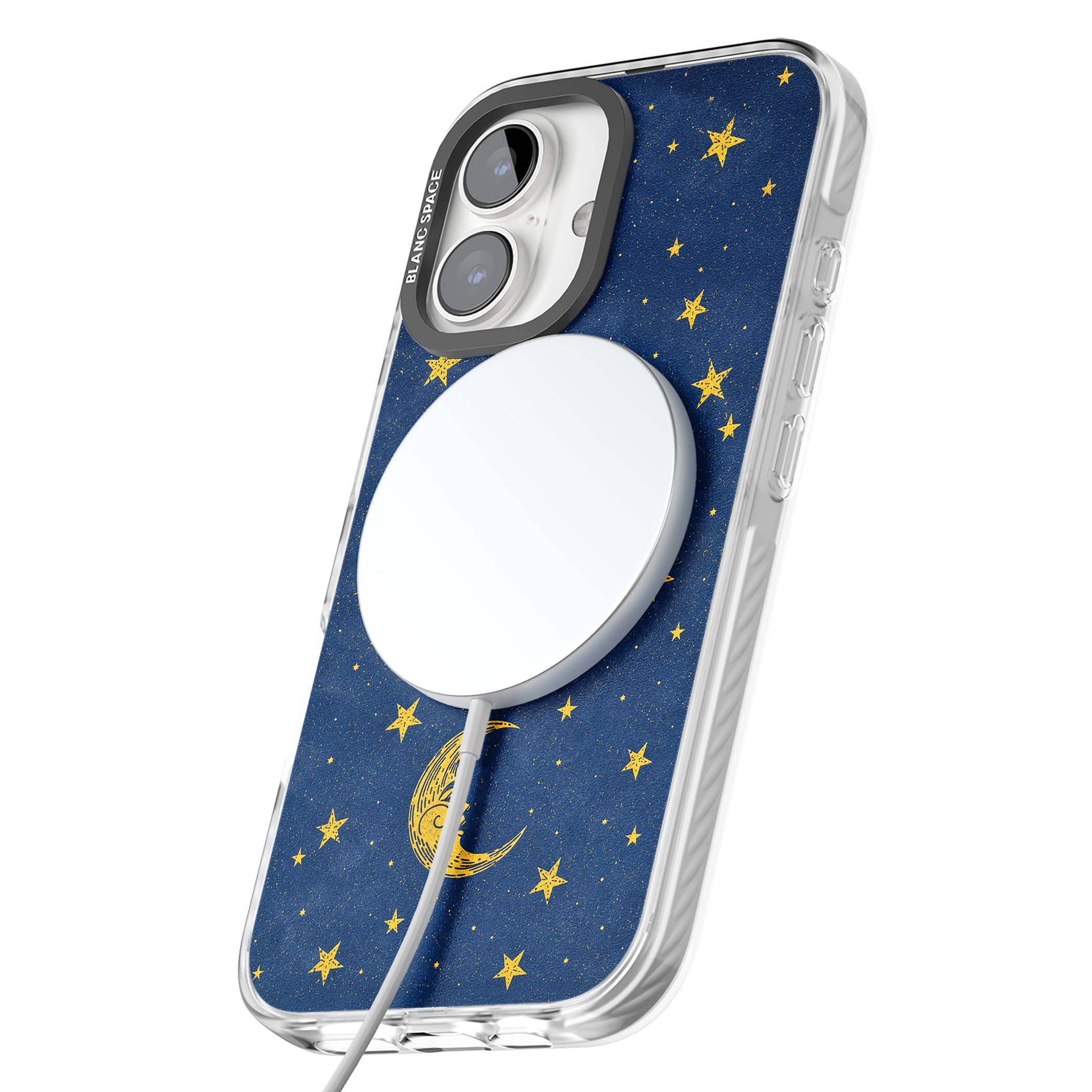 Sun & Moon Reverie celestial iPhone case featuring a vintage golden sun, crescent moon and scattered stars on midnight blue | Impact Magsafe case for iPhone 16, iPhone 16 Plus