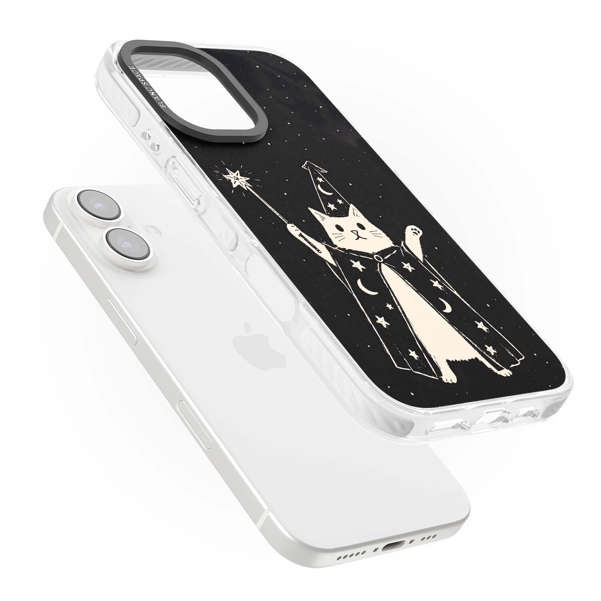 Whisker Wizard celestial cat iPhone case featuring a wizard cat with magic wand, starry night sky and crescent moons | Impact Magsafe case for iPhone 16, iPhone 16 Plus
