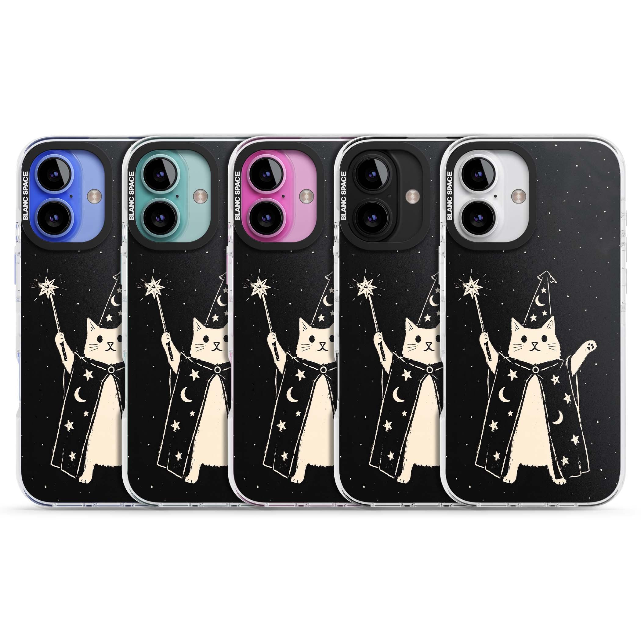 Whisker Wizard celestial cat iPhone case featuring a wizard cat with magic wand, starry night sky and crescent moons | Impact Magsafe case for iPhone 16, iPhone 16 Plus