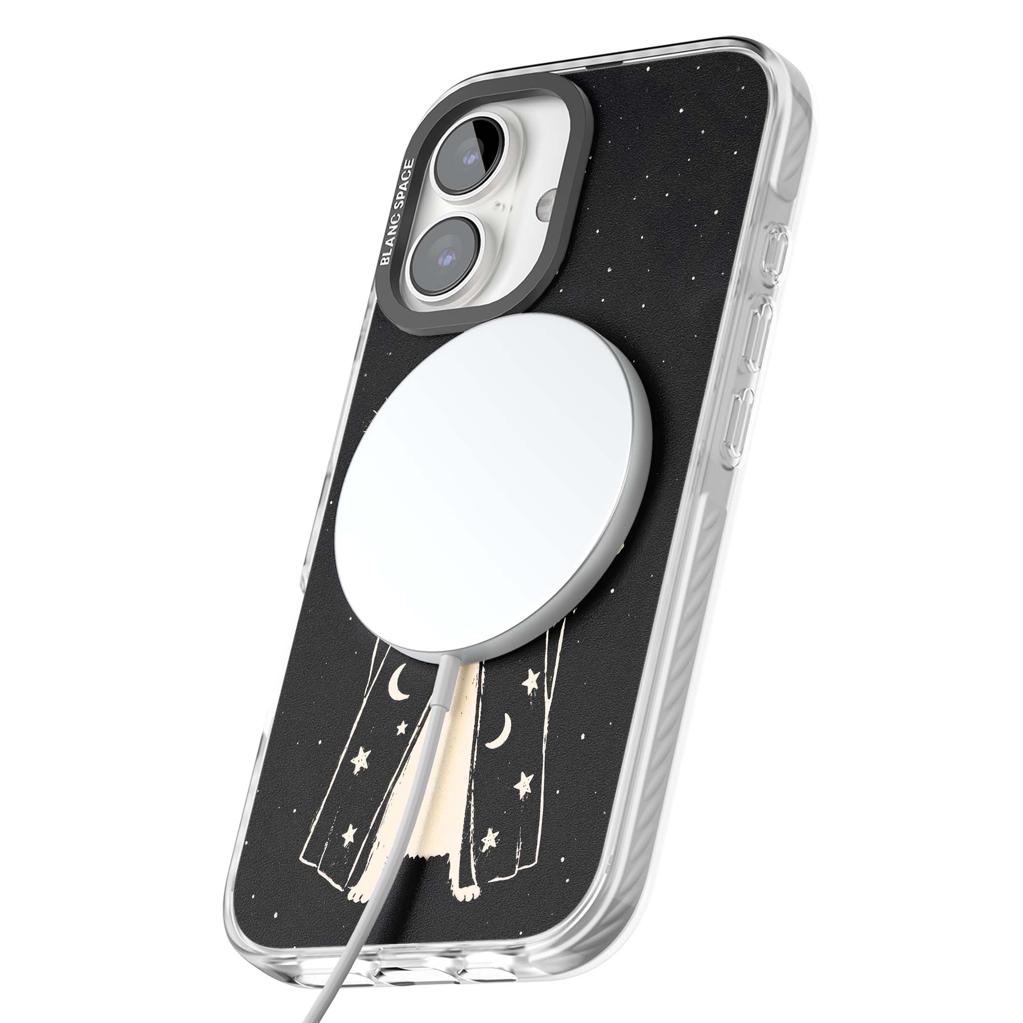 Whisker Wizard celestial cat iPhone case featuring a wizard cat with magic wand, starry night sky and crescent moons | Impact Magsafe case for iPhone 16, iPhone 16 Plus